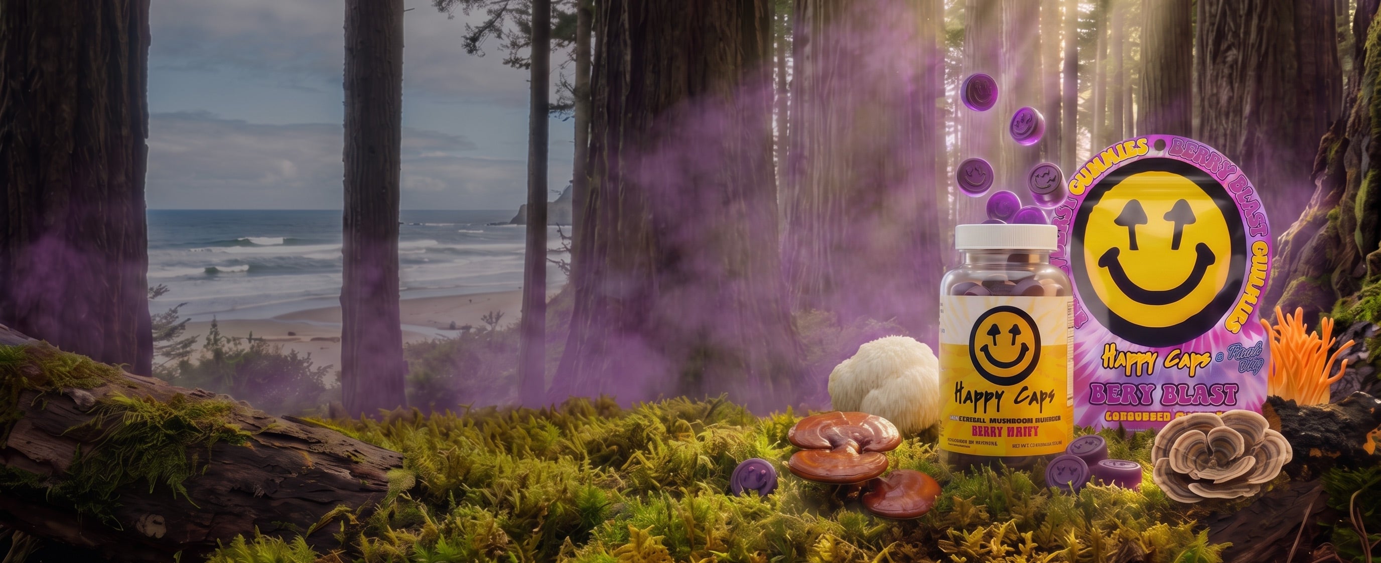 Happy Caps Berry Happy gummies and Berry Blast pouch on the forest floor of a redwood grove overlooking the beach